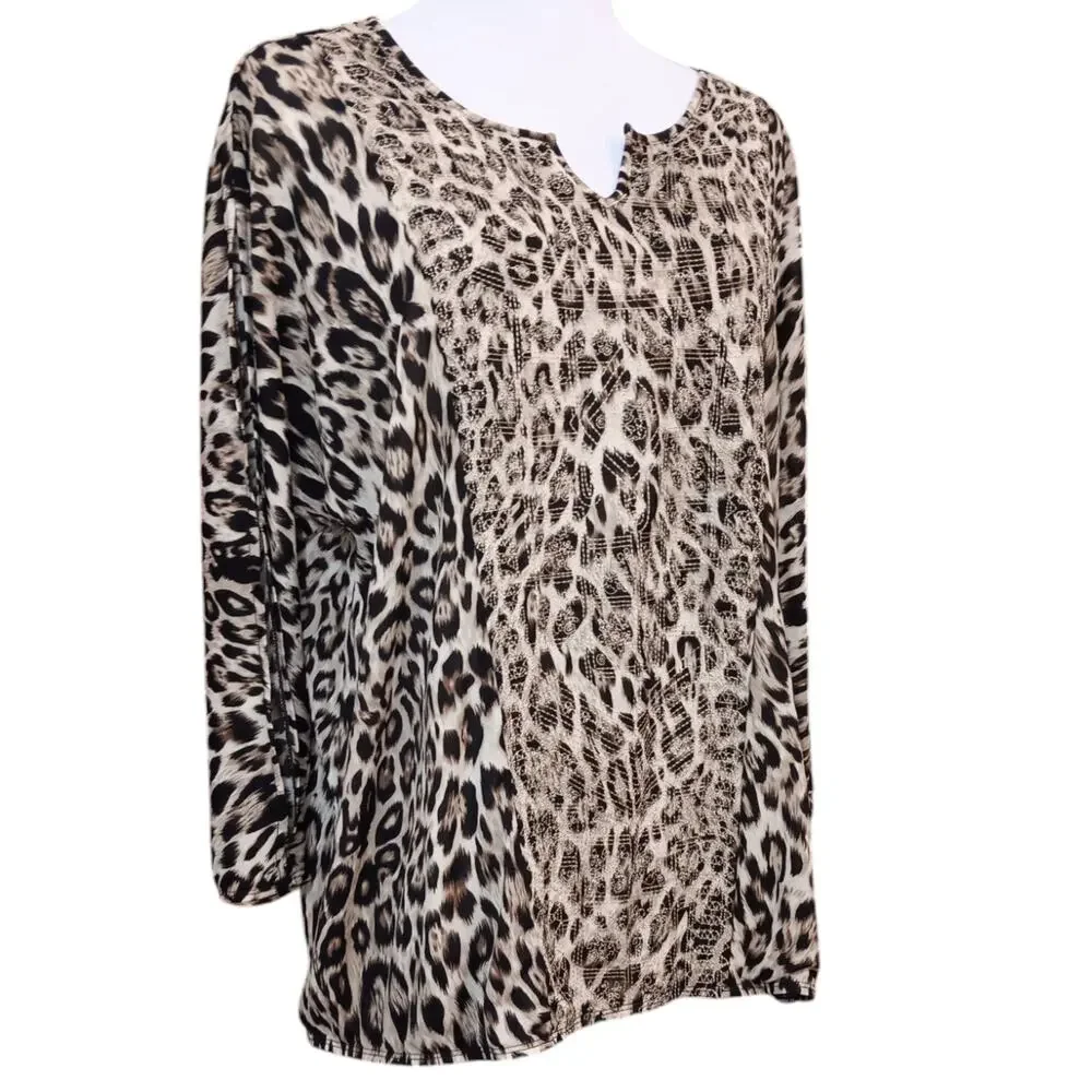 CHICO'S Blouse Top 3 XL Gold Embroidered Animal Print Cheetah Career‎ Office